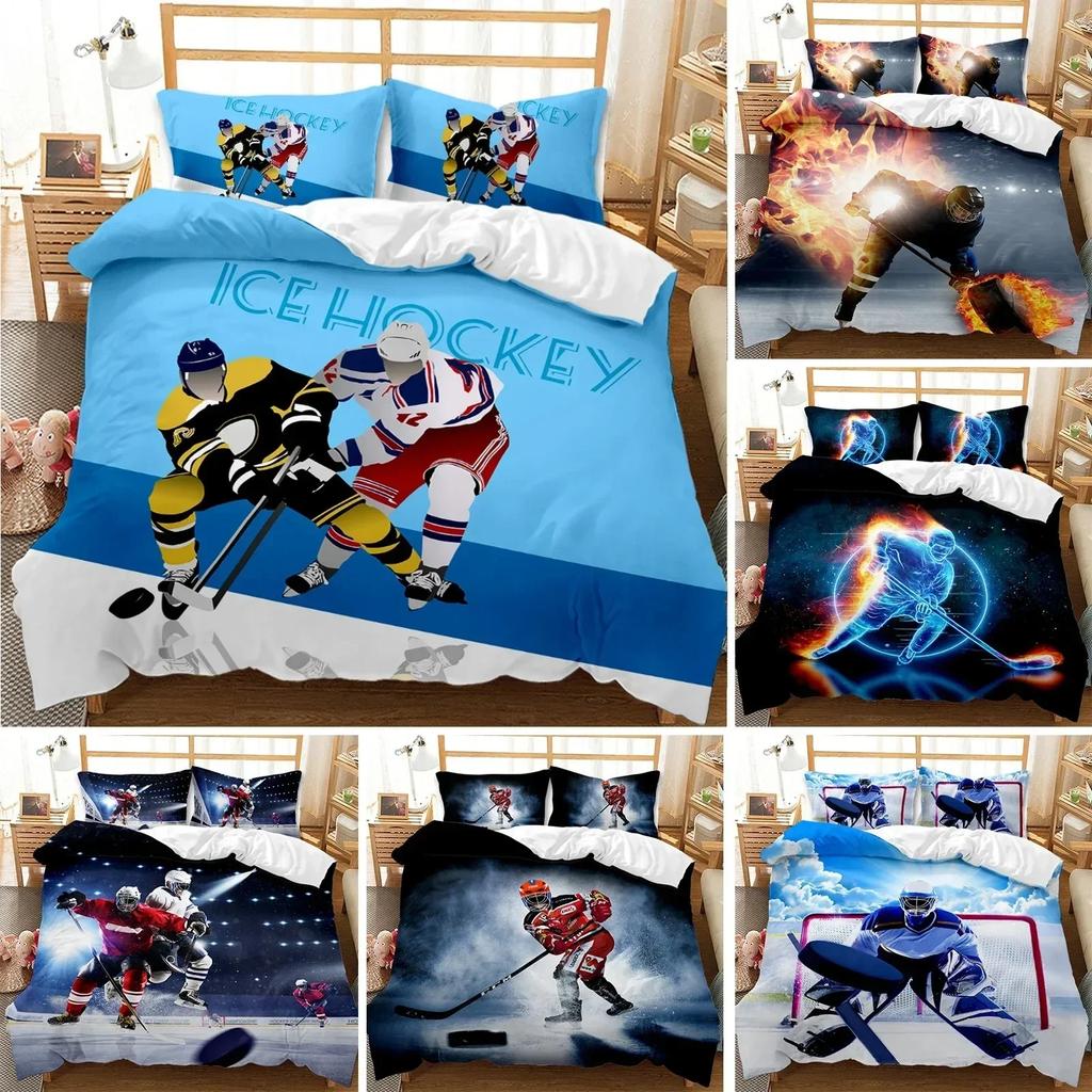 Ice Hockey Duvet Cover Twin Hockey Sport Player Winter Extreme Sport Game Bedding Set Sheet Printed Pillowcase Comforter Bedroom