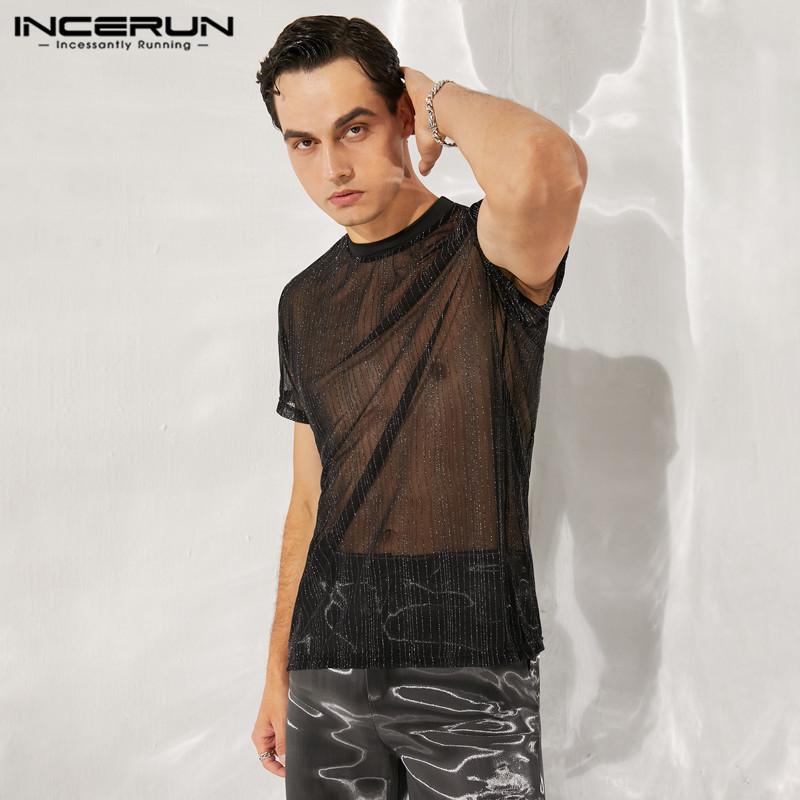 INCERUN Pánské průsvitné letní topy s krátkým rukávem pro klubové nošení, černé