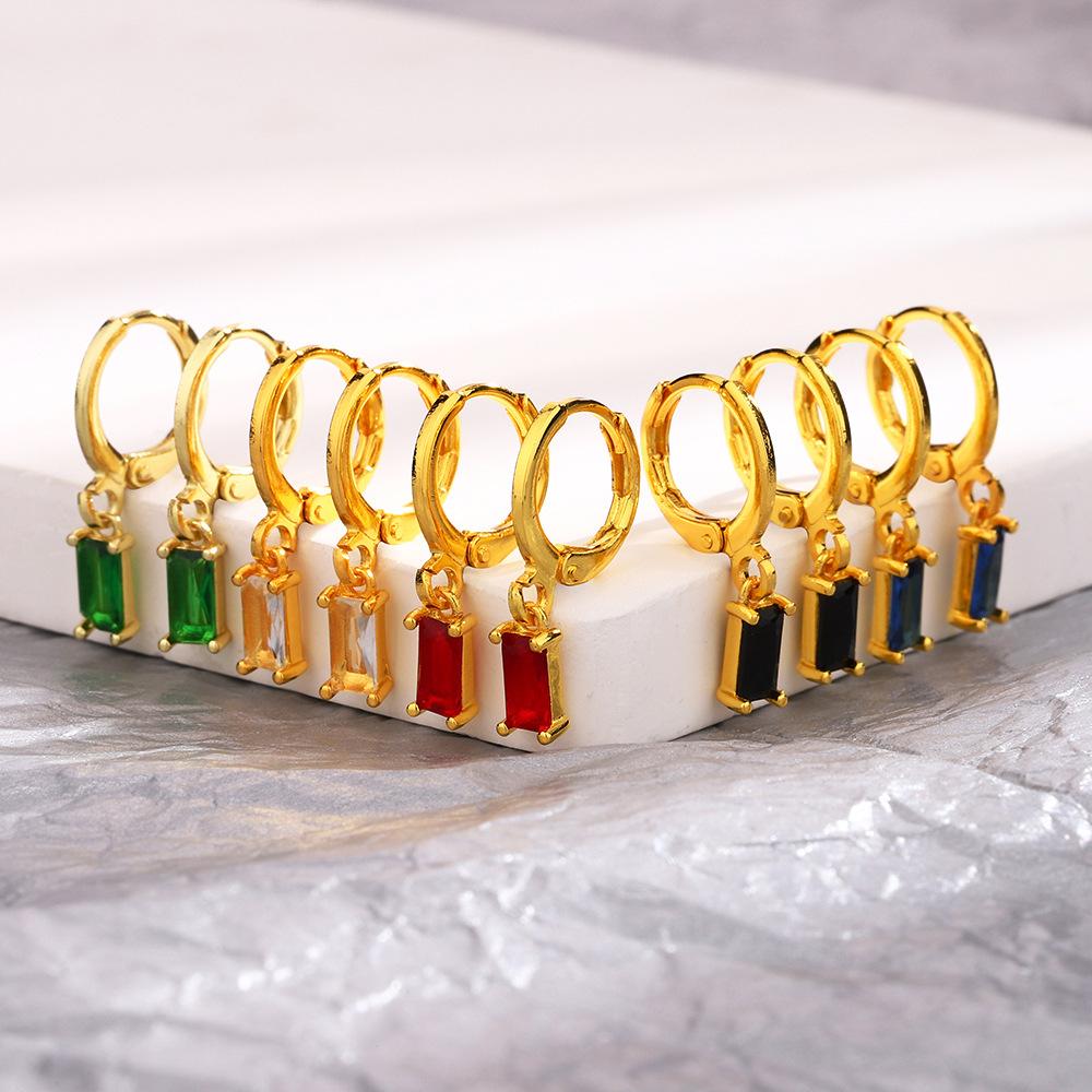 Green Zircon Square Ear Buckle Retro Cold Wind Earrings Blogger Stacked Geometric Rectangular Earrings Tide