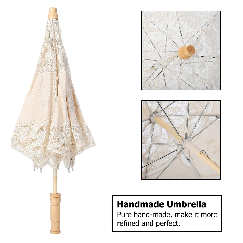 In Stock Handmade Lace Umbrella Silk Cloth Lace Flower Embroidery Parasol Wedding Bride Photography Umbrella White Beige Color
