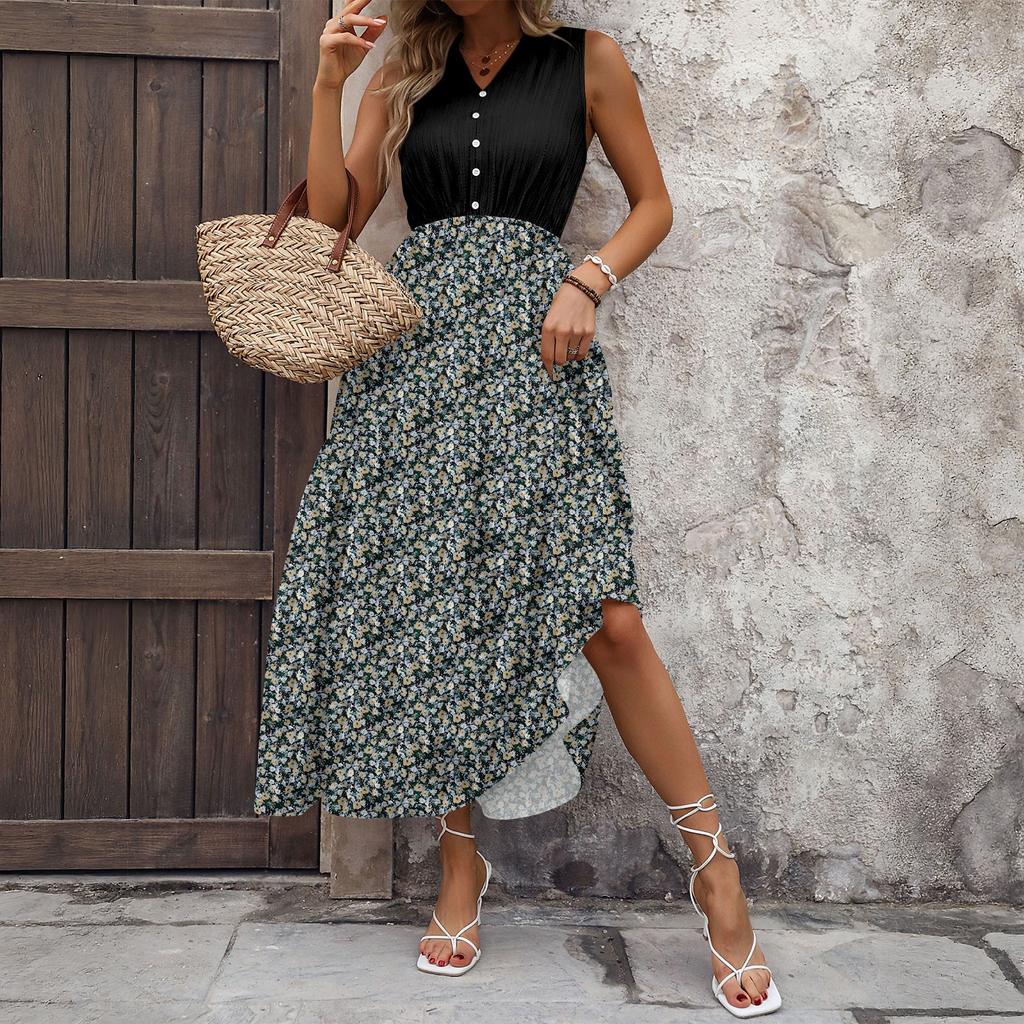 Women Summer Dresses Bohemian Women's Casual And Fashionable V-neck Sleeveless Printing Mid Length Dress