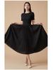 2026 Women's Summer A-Line Dress: High-End, Solid Color, Round Neck, Short Sleeve, High Waist, Slimming Miyake Style.