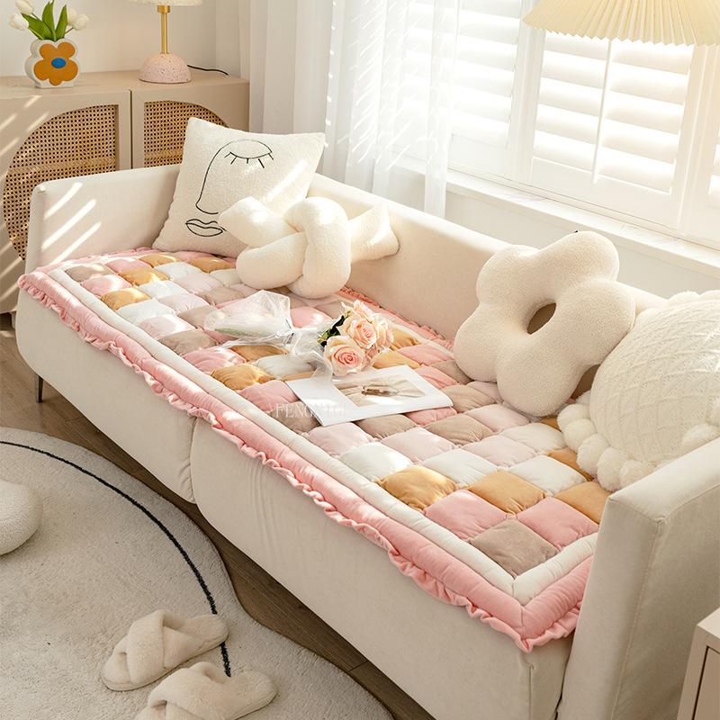 Color Blocking Checkered Sofa Cushion All-season Universal Plush Anti Slip Sofa Mat Bedroom Tatami Mat Children's Crawling Mat