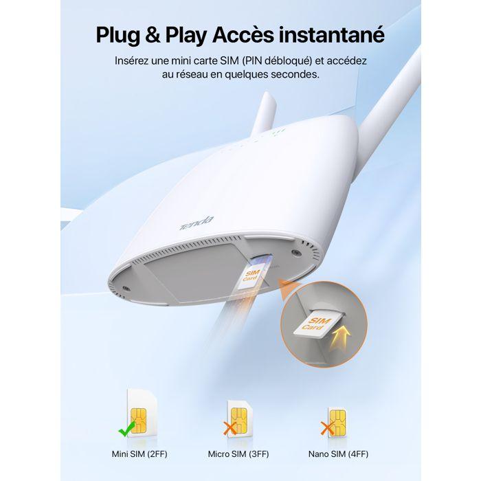 Tenda 4G06 Routeur 4G LTE VoLTE WiFi N300Mbps – Jusqu’à 150 Mbps – 32 Appareils – Ports RJ11 &amp; LAN/WAN – Plug &amp; Play