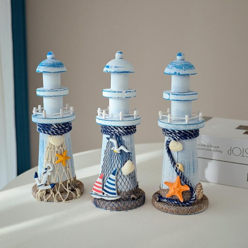 Wooden Lighthouse Decors Nauticals Theme Decors Lighthouse with Starfishs Fish Net Decors Decorative Ornament for Home Decors