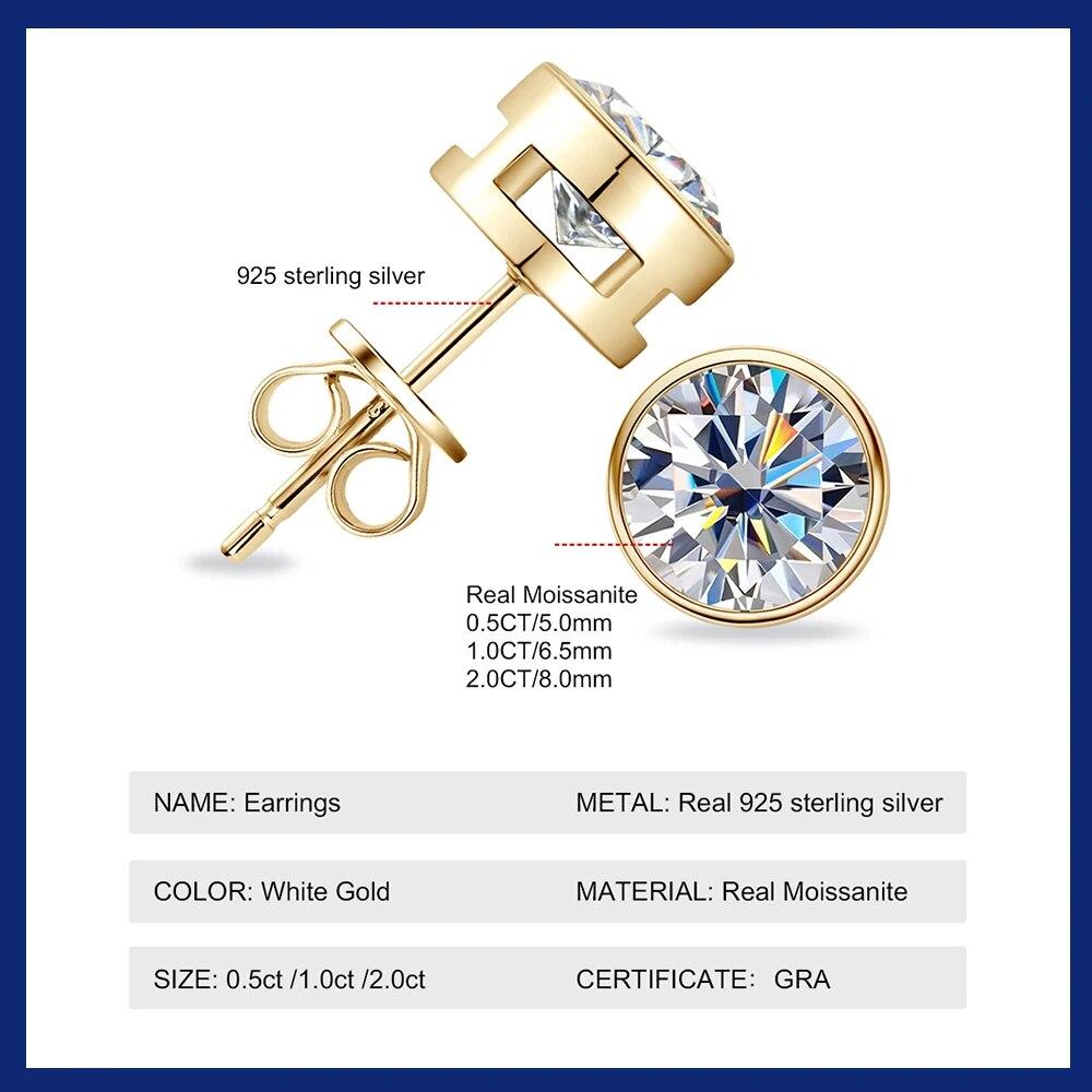Luxury 925 Silver Moissanite Earring Original Certified Plated 18k Yellow Gold 2ct Diamond Stud Earrings for Women Men Jewelry