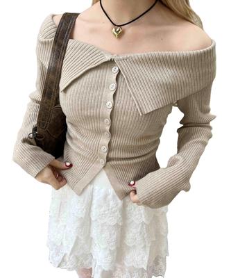 WEGO PHILLY Long Sleeve Korean Perfect Gift for and Size Beige Off-the-Shoulder Button-Front Top, T-Shirt, Girly, Casual, Style, Spring, Summer,