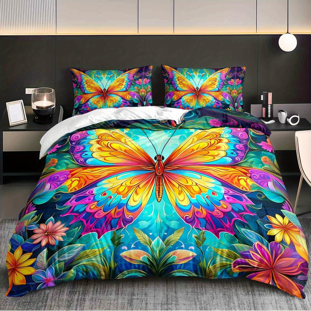3pcs Vibrant Butterfly Floral Bedding Duvet Cover Set Butterfly Garden Bedding Set Colorful Butterfly Themed Tropical Butterfly