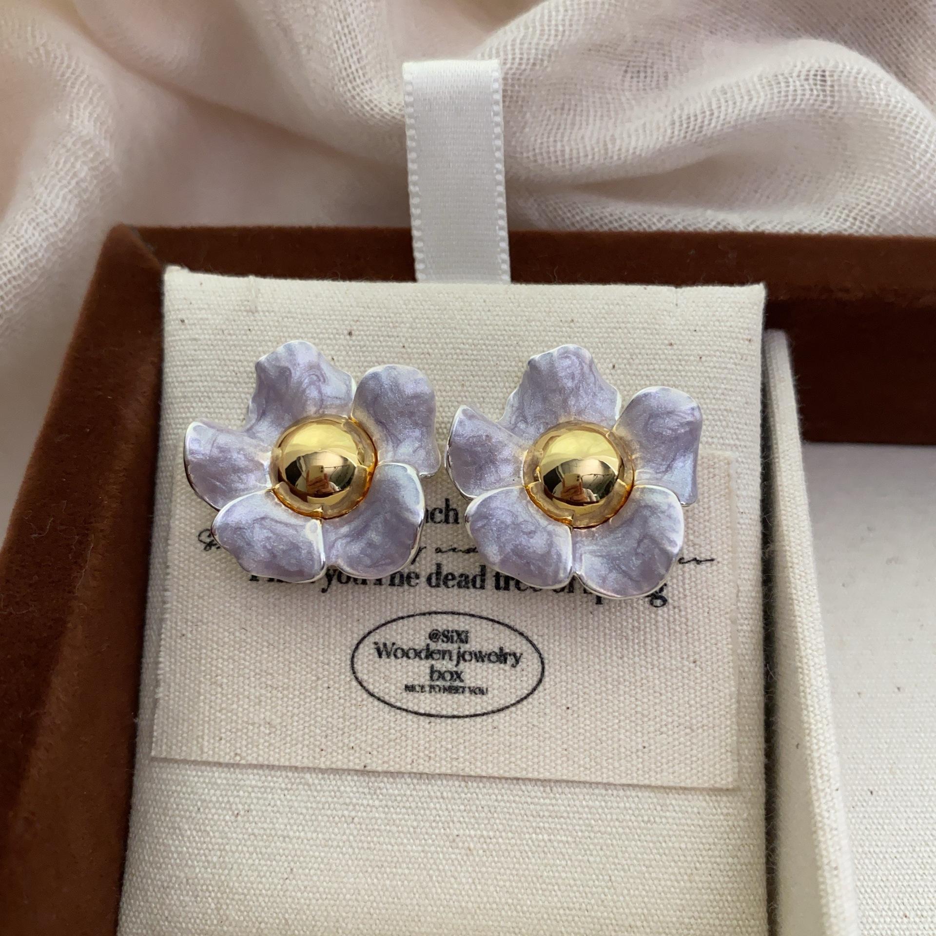 Simple color oil dripping small fresh flower petal stud earrings high sense temperament earrings niche fashion exquisite earrings