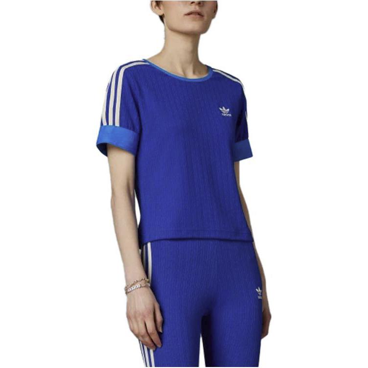 Adidas Originals Adicolor 70er Retro Serie Logo Besticktes Kurzarm T-Shirt Damen Oberteile Blau IK7846