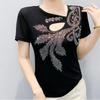 Summer Women's Short Sleeved T-Shirt Fashion Sexy Hollow Out Luxury Hot Diamonds Flower Tees Casual Brand Tops
