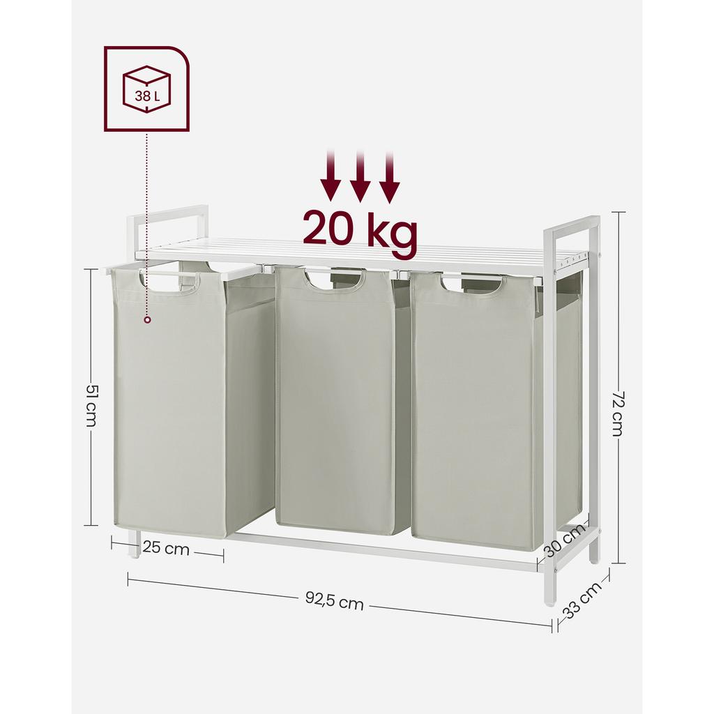 VASAGLE Laundry Basket, 3-Compartment Laundry Hamper, Pull-Out and Removable Laundry Bags, Laundry Sorter, Shelf, Metal Frame, 3 x 38L