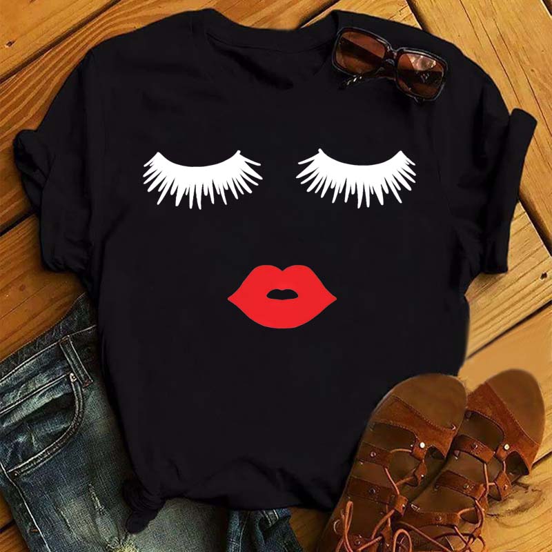 Maycaur Fashion Graphic Women Tops Eyelashes Print Kawaii Lashes Women T Shirt Tee Funny Makeup Aesthetic Shirt Camisas Mujer