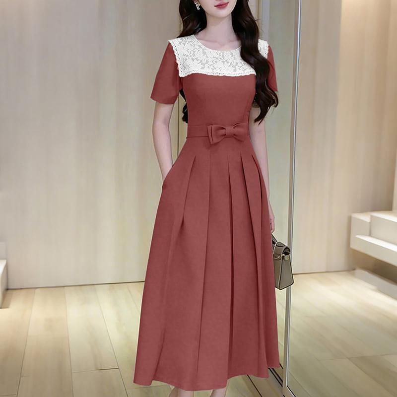 ZANZEA Women Elegant Lace Patchwork Round Neck Casual Short Sleeve Dress