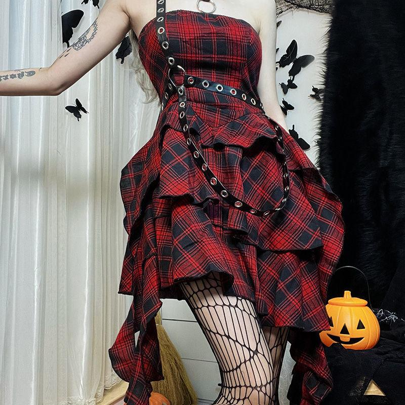 Gothic Plaid Red Summer Dress Women Lolita Streetwear Sleeveless Punk Off-Shoulder Dress Party Assymmetric Dresses