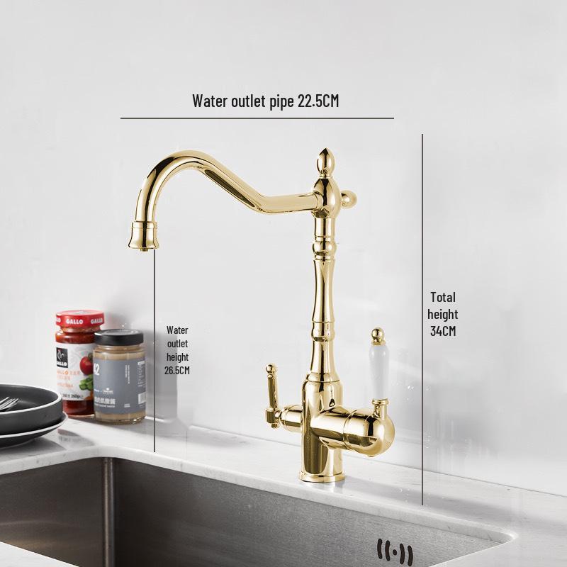 Antique Gold All-Copper 3-in-1 Kitchen Faucet: Hot/Cold Water for Sink & Vegetable Wash Basin, Splash-Proof Design