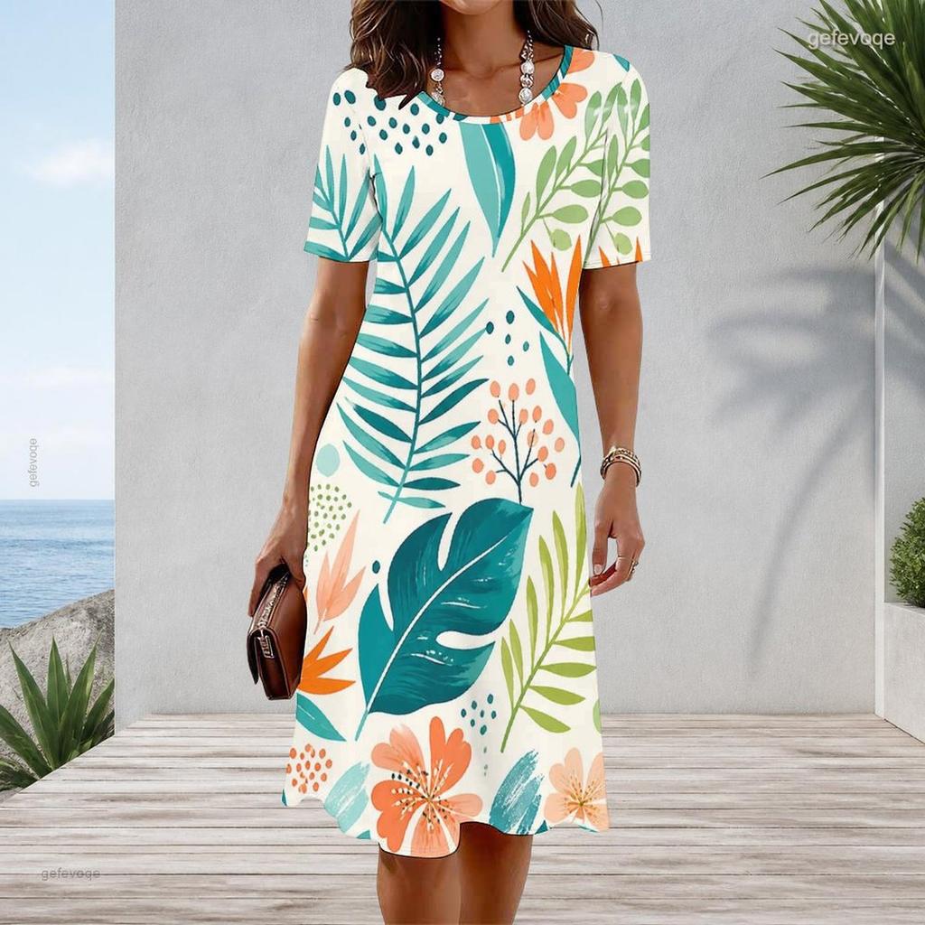 Women Plus Size Round Neck Short Sleeve Fruit Leaf Printed A Line Casual Dress