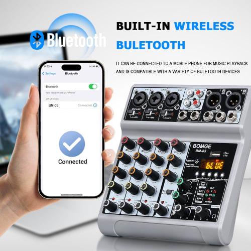 BOMGE Audio Mixer, 5-Channel Digital USB Bluetooth Soundboard Mixing Console with Echo Delay Effects, 48V Phantom Power Stereo DJ Mixer for Recording,