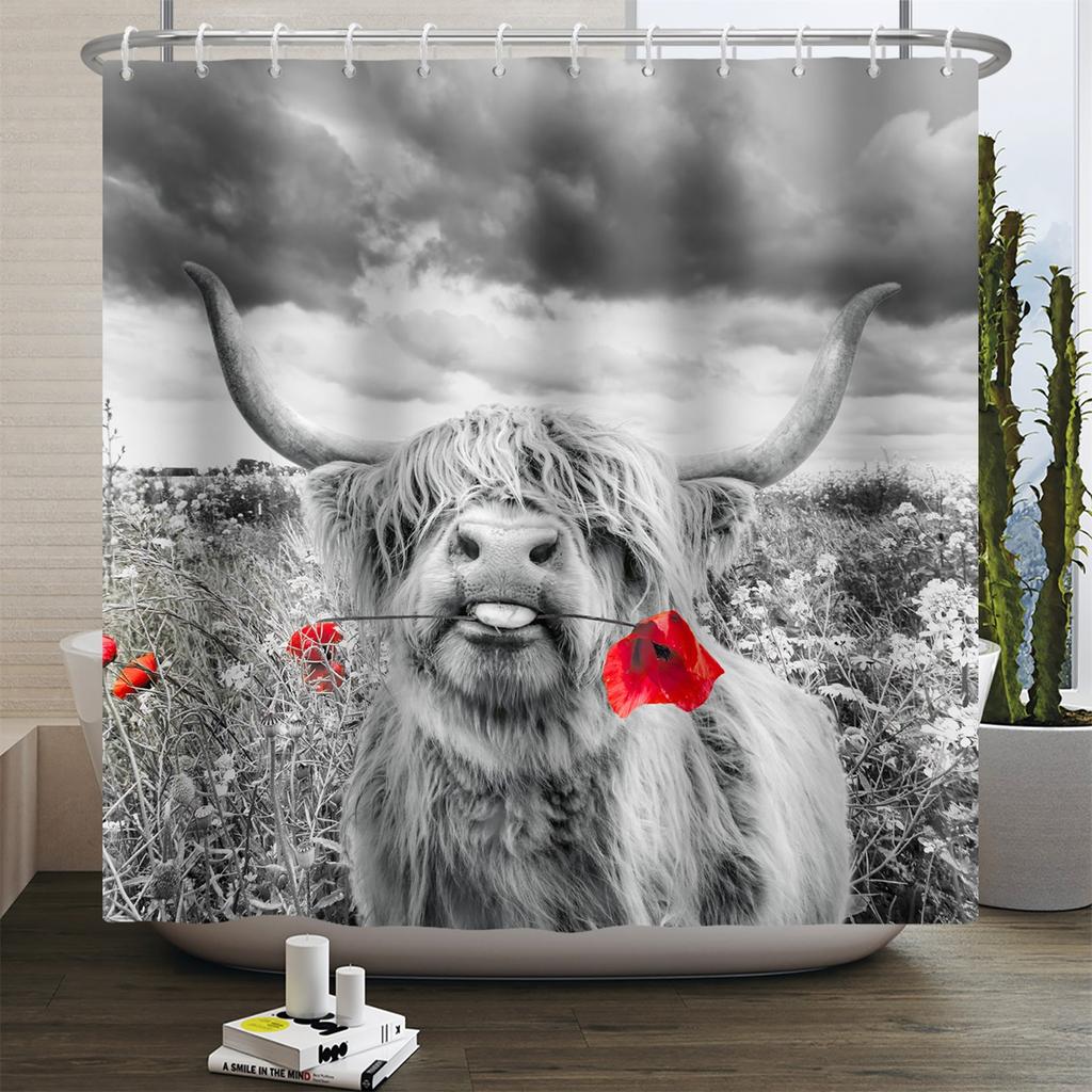 Farmhouse Highland Cow Shower Curtain With Hooks Funny Bull Cattle Bull Floral Decor Country Style Bothroom Curtain