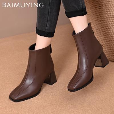 Square Toe Women Ankle Boots High Heels Chunky Casual Leather Shoes Woman 2025 Trend Winter Fashion Goth Cozy Punk Female Pumps
