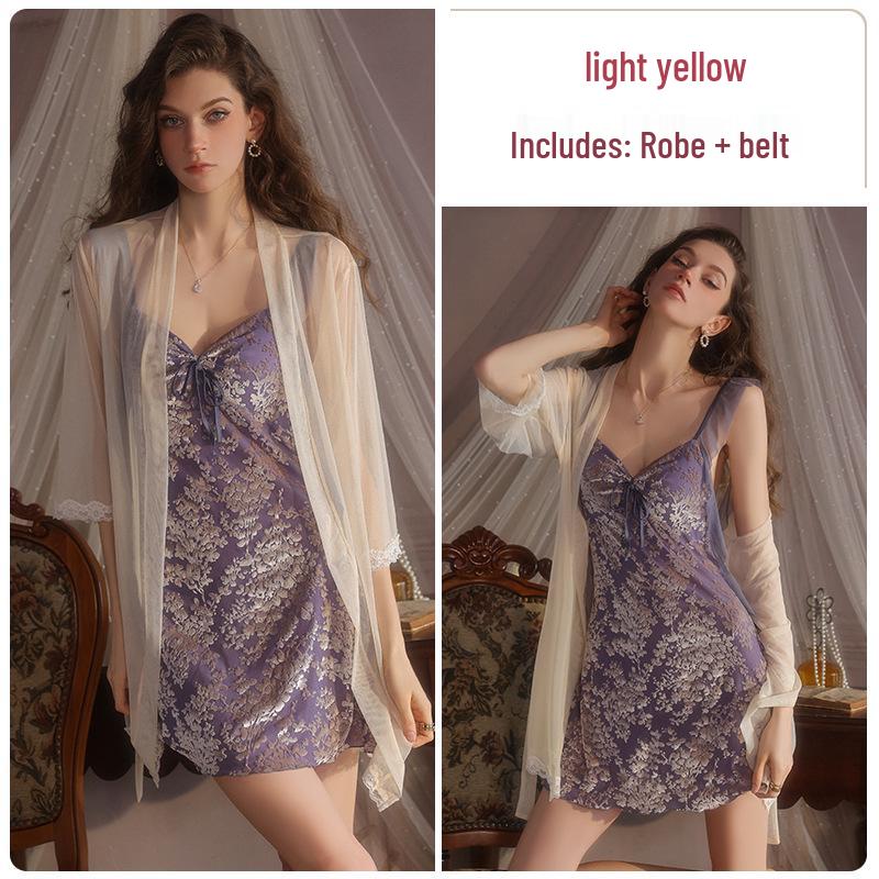 Gorgeous Jacquard Low-Cut Push-Up Backless Nightgown & Robe Set with Pads - Pure Temptation