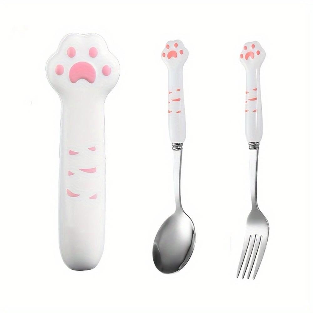 Cute Cat Paw Cutlery Set Portable Fork Spoon Set Meal Accessories Boxed Tableware  Tourism