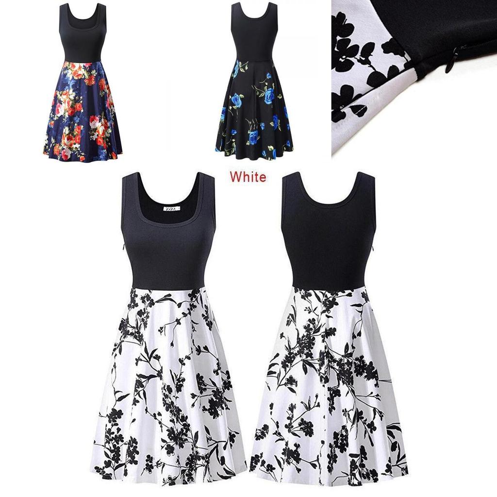 Womens Retro Floral Print Sleeveless Cotton Dress With Round Neck For Summer Vintage Style