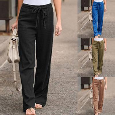Women Spring Solid Loose Long Pants Straight Trousers Linen Cotton Pants Elastic Waist Casual