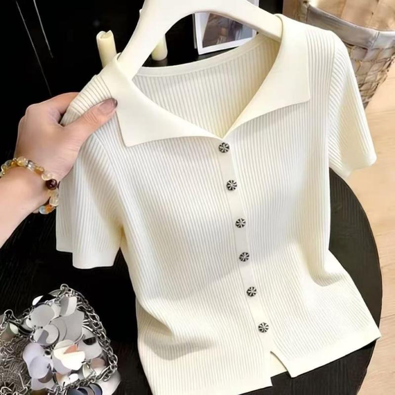 Elegant Style, Button-down Short-sleeved Knitted Top for Women in Summer. New Style, Gentle and Versatile, Fits Well and Helps Slim The Figure.