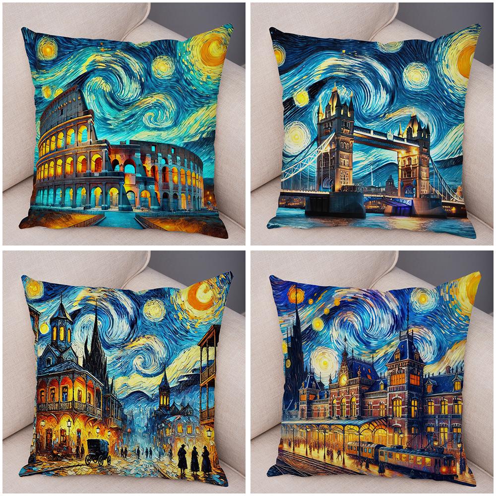 New York Paris London Rome Cushion Cover Decor Starry Sky Art Double Print Pillow Case Soft Plush Pillowcase for Sofa Home Car