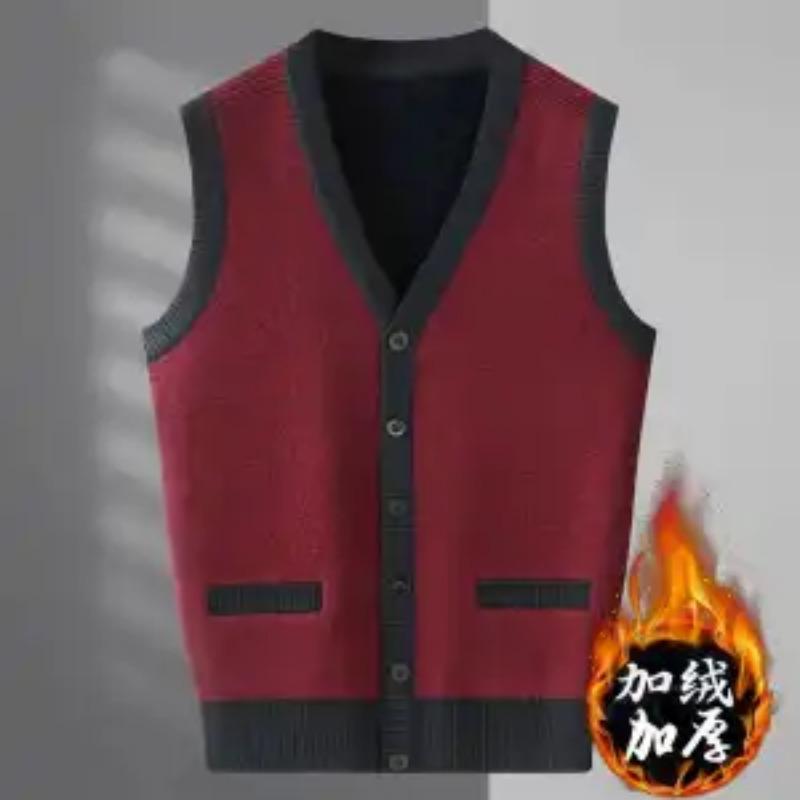 Middle-aged and Elderly Men's Vest Winter Velvet Thickened Vest Knitted Cardigan Vest Sweater Waistcoat