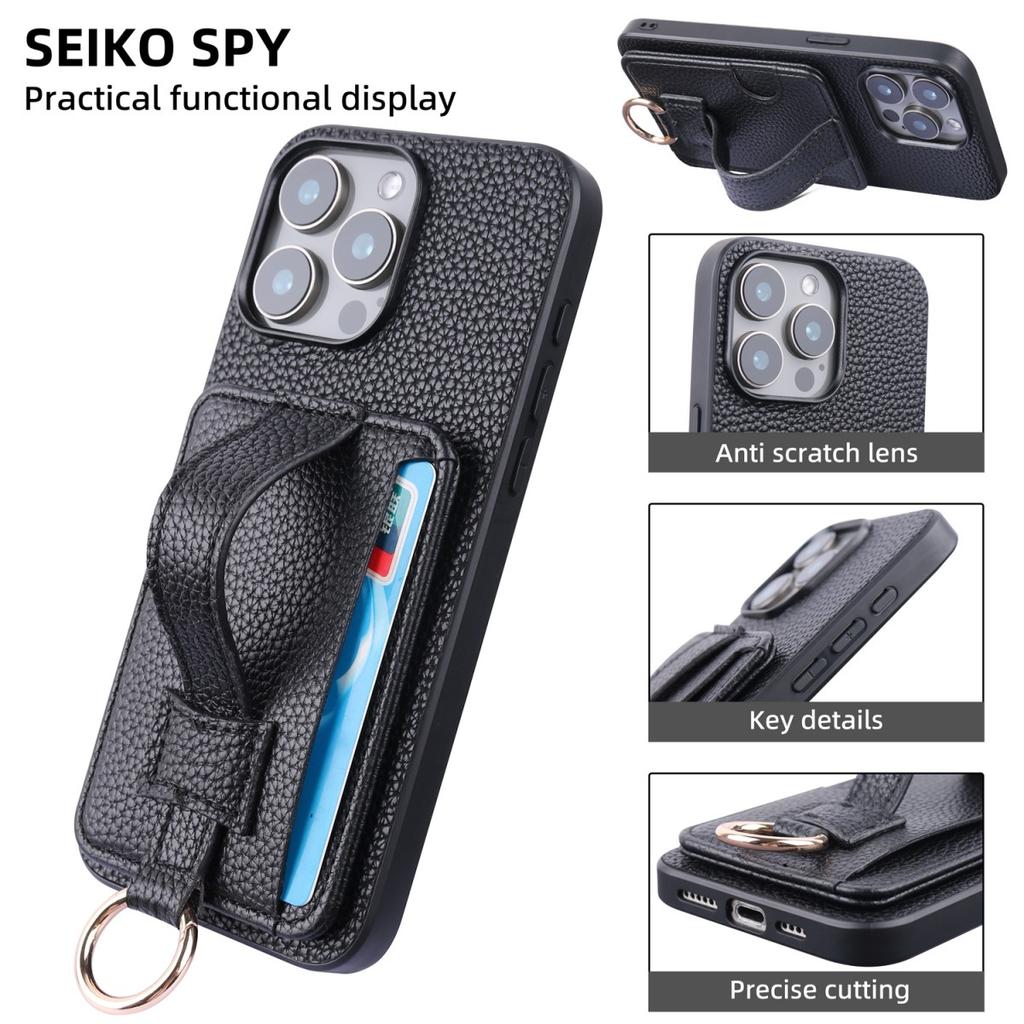 High End TPU+PU Leather Black Case for iPhone 11 13 12 14 15 16e Pro Max Fashion Wrist Strap Ring Grip Card Holder Wallet Sleeve