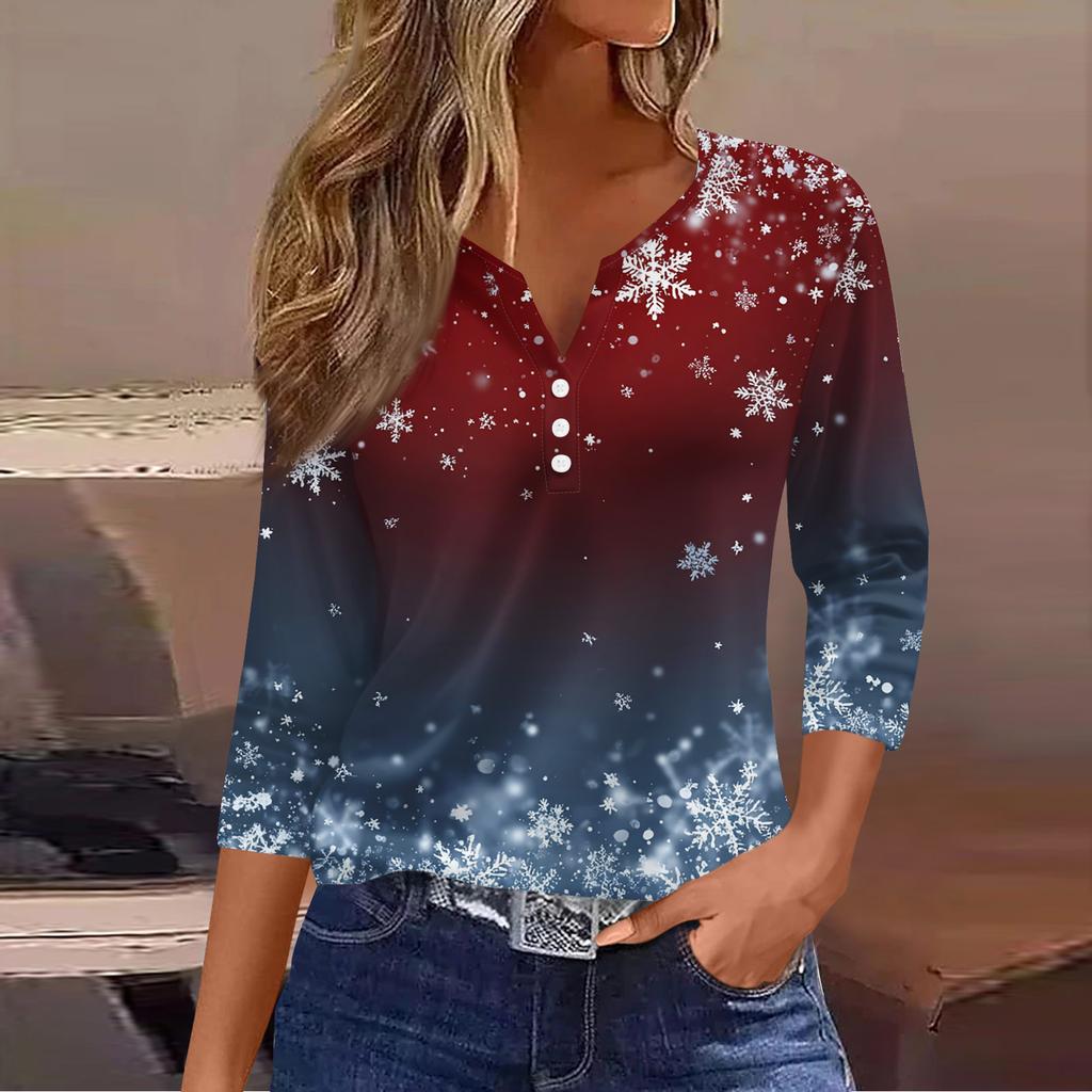 Women's Fashion Casual Christmas Tree Print V-Neck Decorative Button Three-Quarter Sleeve T-Shirt Top