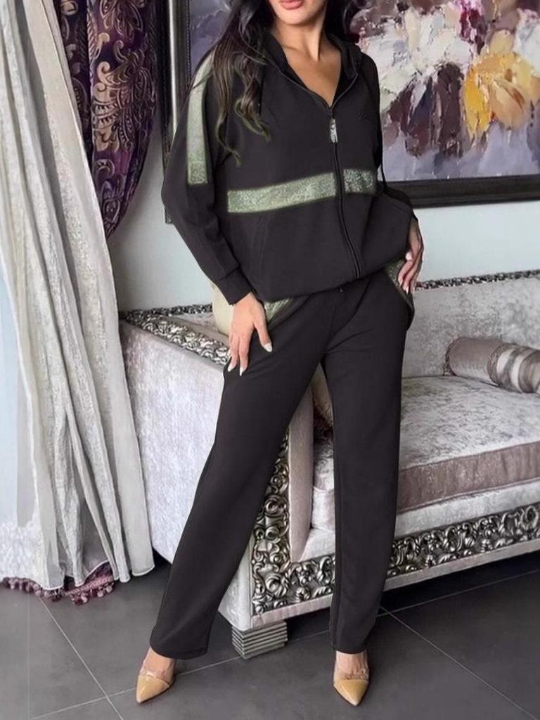 2024 Euro-American Solid Color Zip-Up Sweatshirt & Drawstring Pants Set - Women's Casual Two-Piece