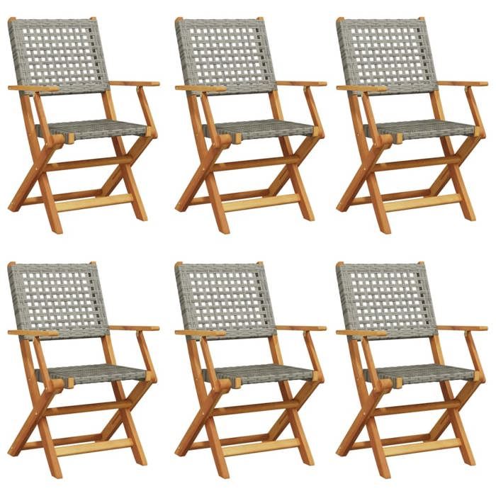 VidaXL Folding Garden Chairs Set of 6 Grey Poly Rattan Solid Wood, Garden Seat, Patio Chair, Dining Chair of 3214560