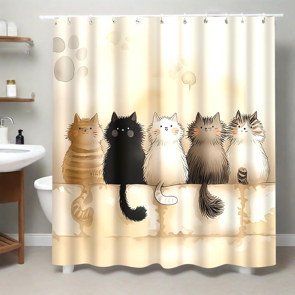 Cute Furry Cat And Paw Print Shower Curtain Set With 12 Hooks 180x180cm Waterproof Bathroom Decor