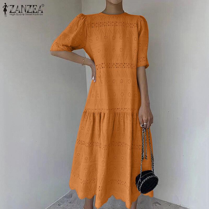 ZANZEA Women Casual Round Neck Loose Half Sleeve Lace Dress