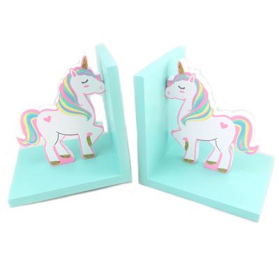 Les Trésors De Lily [P6246] - Wooden Bookends 'My Unicorn' White Pink Turquoise - 30.5x15x12 Cm