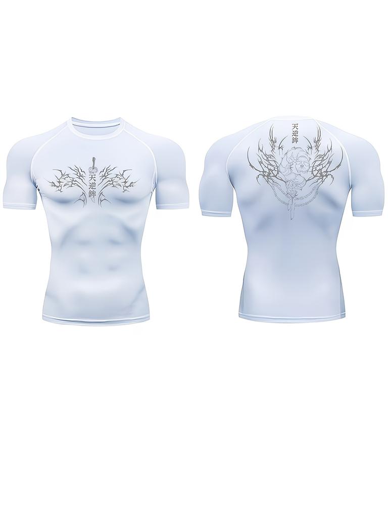 Men's Compression Shirt Quick Dry Light Blue Gym T-Shirt Tribal Spike Print Workout Sportswear