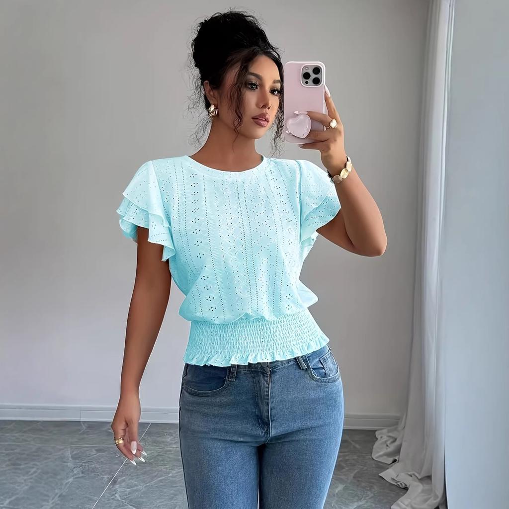 Damen Unifarben Lässig Ausgeschnitten Spitze Ärmel Rundhals Kurzarm T-Shirt, Europäischer Amerikanischer Stil Frühling Sommer Oberteil