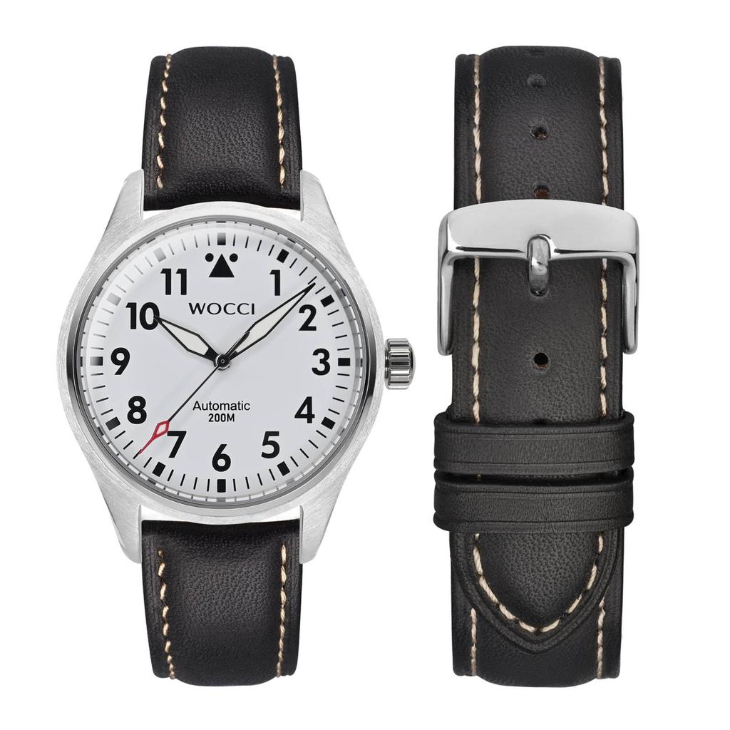 WOCCI 20mm Uhrenarmband, Vintage Echtes Leder Uhrenband (Schwarz mit Kontrastnähten), Inklusive Einstellwerkzeug und Federstegen