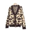 Womens Oversized V-Neck Knit Cardigan With Leopard Print - Soft Acrylic Warm Loose Fit Long Sleeve Sweater Fall 2025