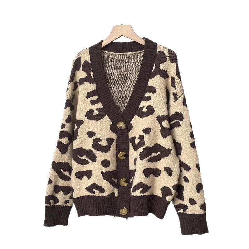 Womens Oversized V-Neck Knit Cardigan With Leopard Print - Soft Acrylic Warm Loose Fit Long Sleeve Sweater Fall 2025