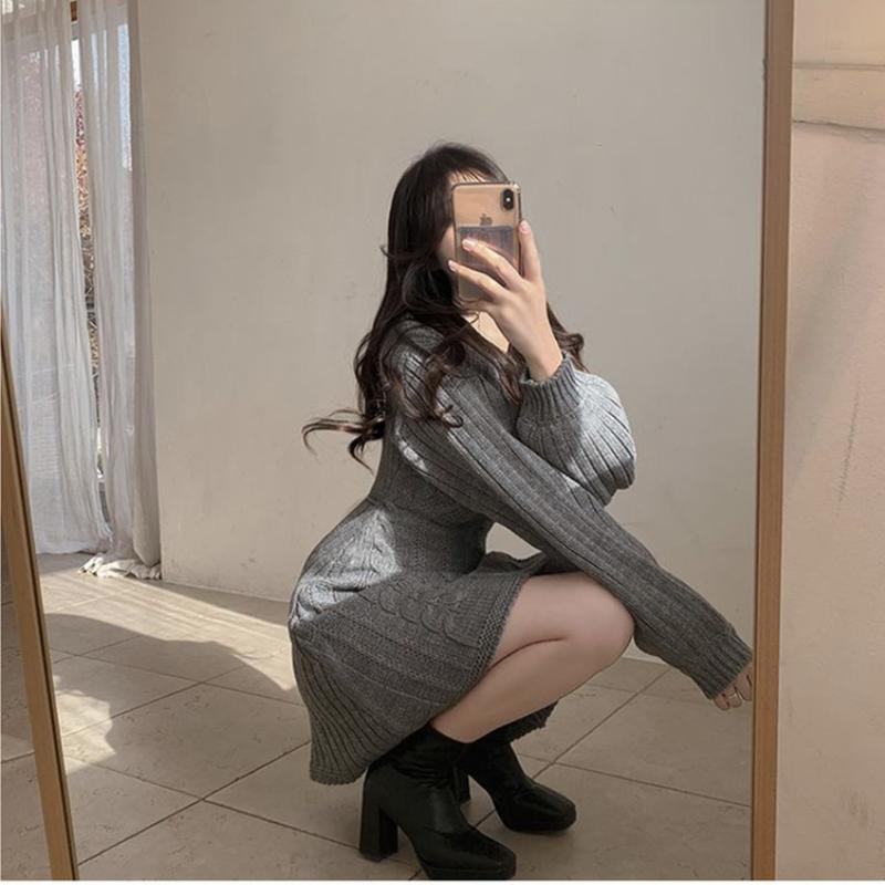spring autumn casual slim mini dress fashion Long Sleeve elasticity sweater Dresses V-neck solid a-line knitted dress for women