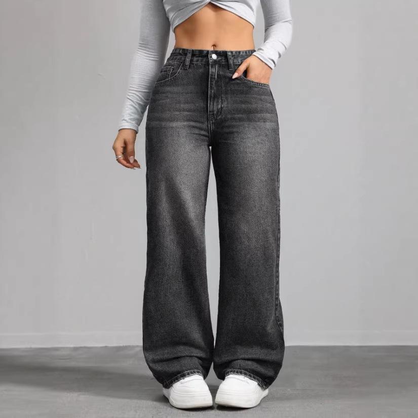 2026 Spring/Summer Women's Plus Size Retro Wide-Leg Denim Pants with Pockets