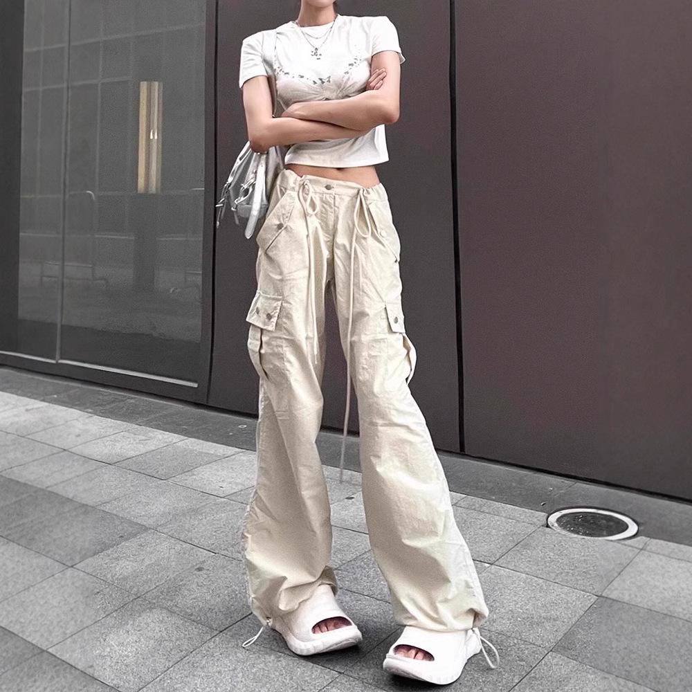 High Waist Women's Straight Leg Parachute Pants with Drawstring - 2025 Casual Niche Design