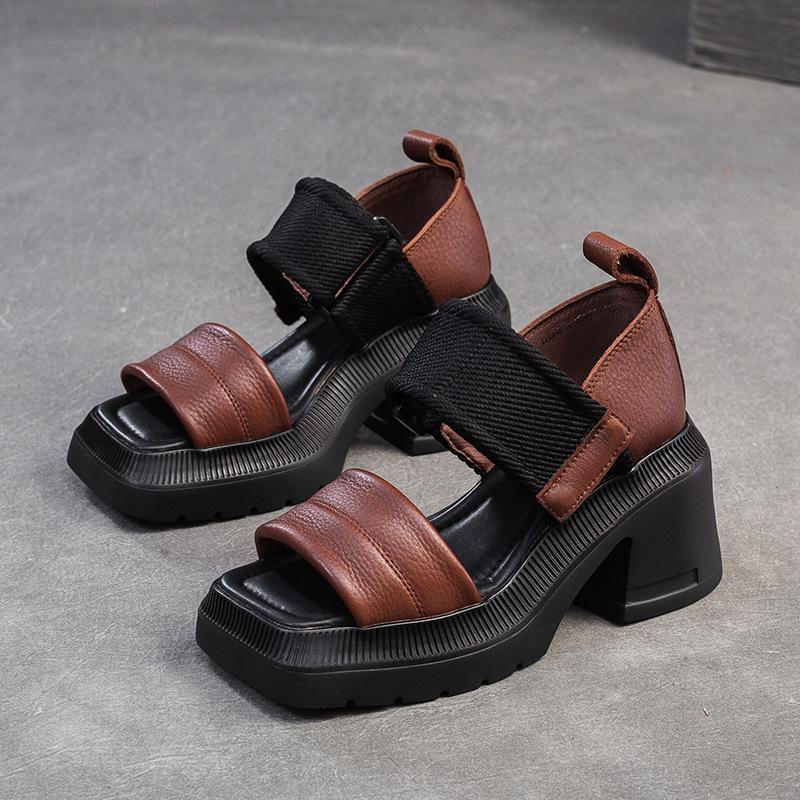 

Fashion GKTINOO Retro Handmade Sandals 2025 Summer New Genuine Leather Splicing Embroidered Thick Sole Fashion Women s Shoes 34