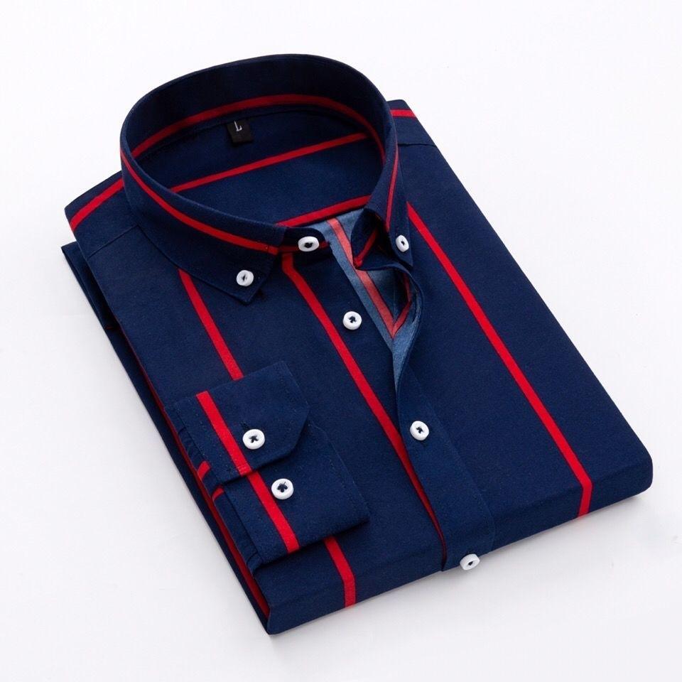 Mens Dress Shirts Striped Long Sleeve Plaid Checked Shirt Smart Casual Business Non-Ironing Korean Slim Fit Formal Blue White