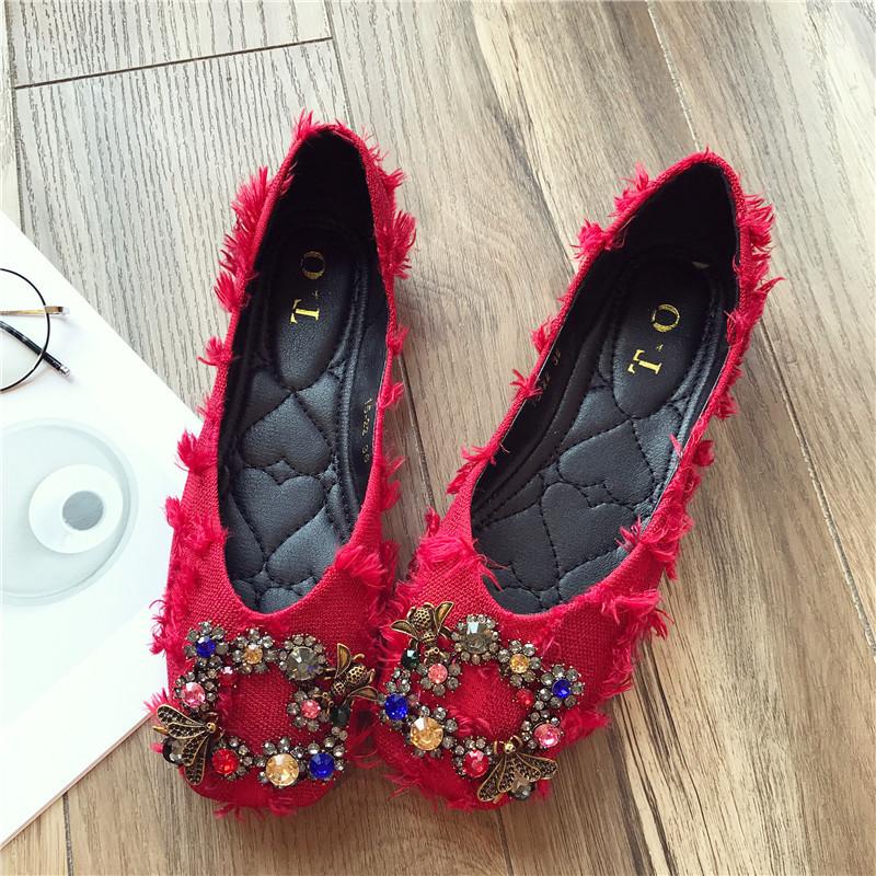Autumn Fashionable All-match Rhinestone Square Buckle Square Toe Cloth Flat Heel Single Shoes Women's Soft Sole Moccasins