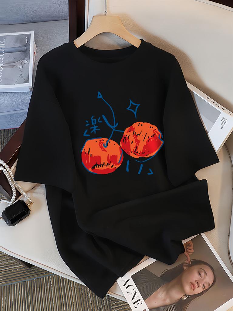 Cherry Illustration Prints Women T-Shirt Casual Sport Short Sleeve Breathable Summer T Shirt Cotton Street New Clothing